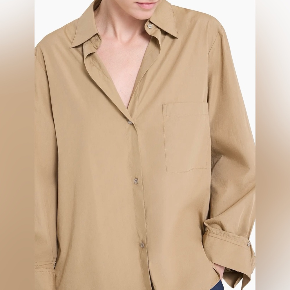 100% Silk Vintage Tan Button Down Shirt, Retro Quiet Luxury Top, Size Large